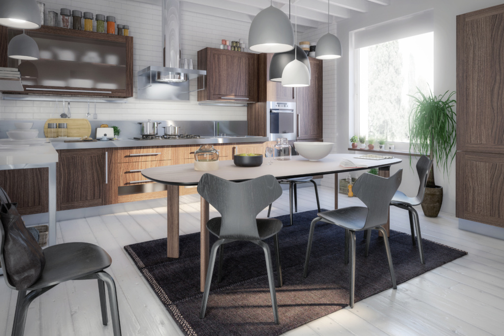 Cozinha moderna com móveis em tons de madeira, uma mesa de jantar no centro e cadeiras com design despojado.